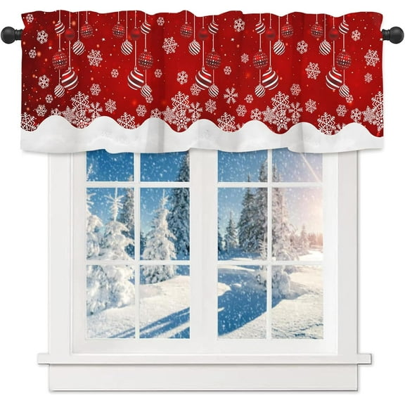 Christmas Window Valances Winter Snowflakes Valance Kitchen Curtains with Rod Pocket Merry Christmas Ball Ornaments Window Treatments Short Curtain Panels Decor 54" X 18"