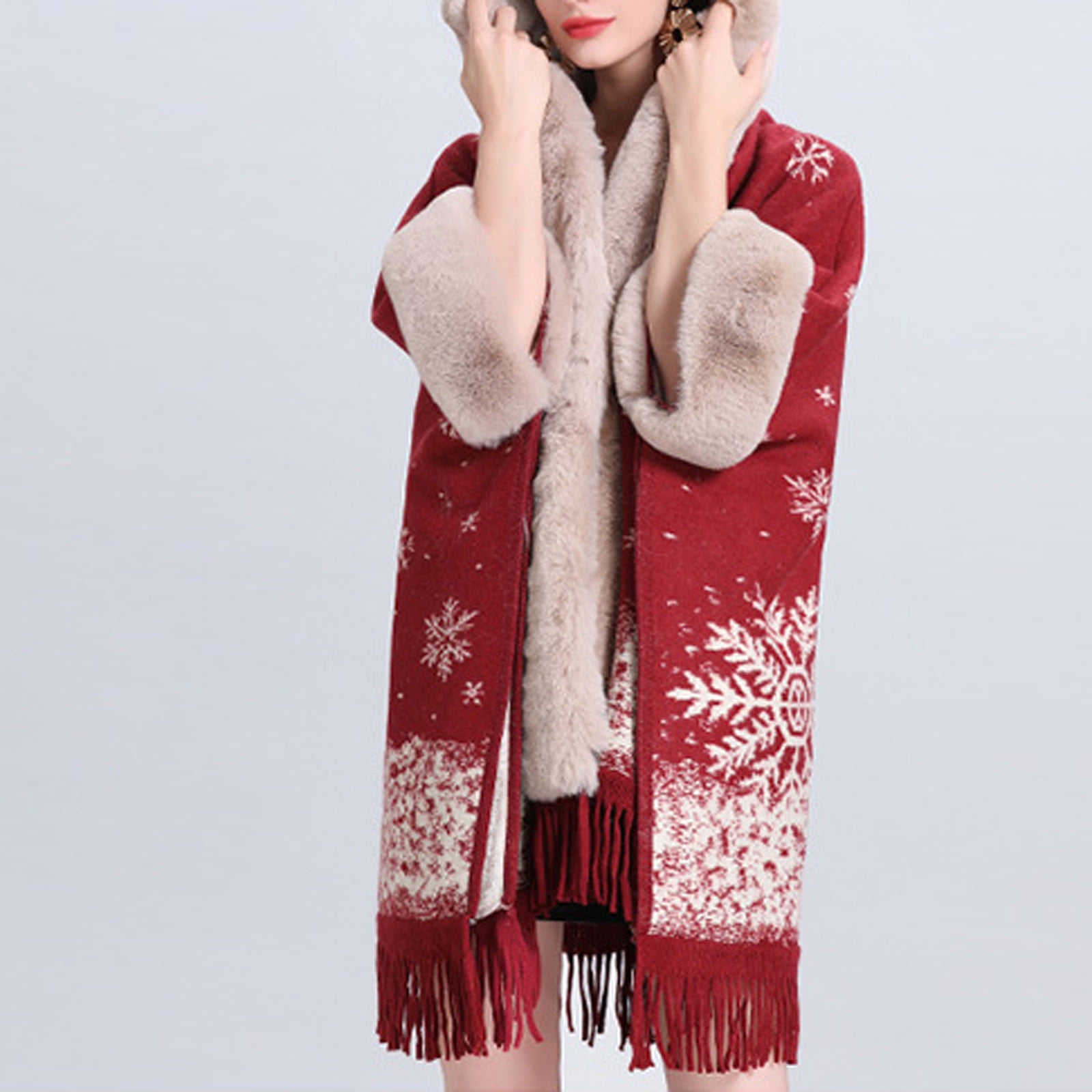 XFLWAM Women Faux Fur Shawl Wrap Poncho Wool Collar Plaid