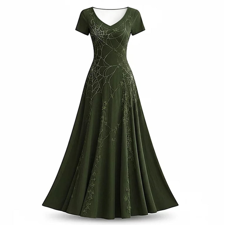 Kicilvs Gothic Clothes For Women Olive Green Vine And Spiderweb Print Flowing V Neck Long Maxi Dress Halloween Cosplay Gothic Party Dress, Women's