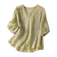 thumbnail image 2 of Dezsed Women's Floral Embroidery Linen Shirts 3/4 Sleeve Round Neck Tunic Tops Summer Casual Loose Blouses Green XXL, 2 of 6