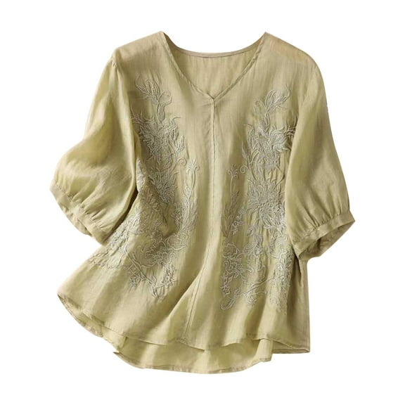 Patlollav Tops for Women Womens Casual Short Sleeve Round Neck Cotton Linen Embroidery Summer Loose Tee Shirts Blouse Up to 50% off
