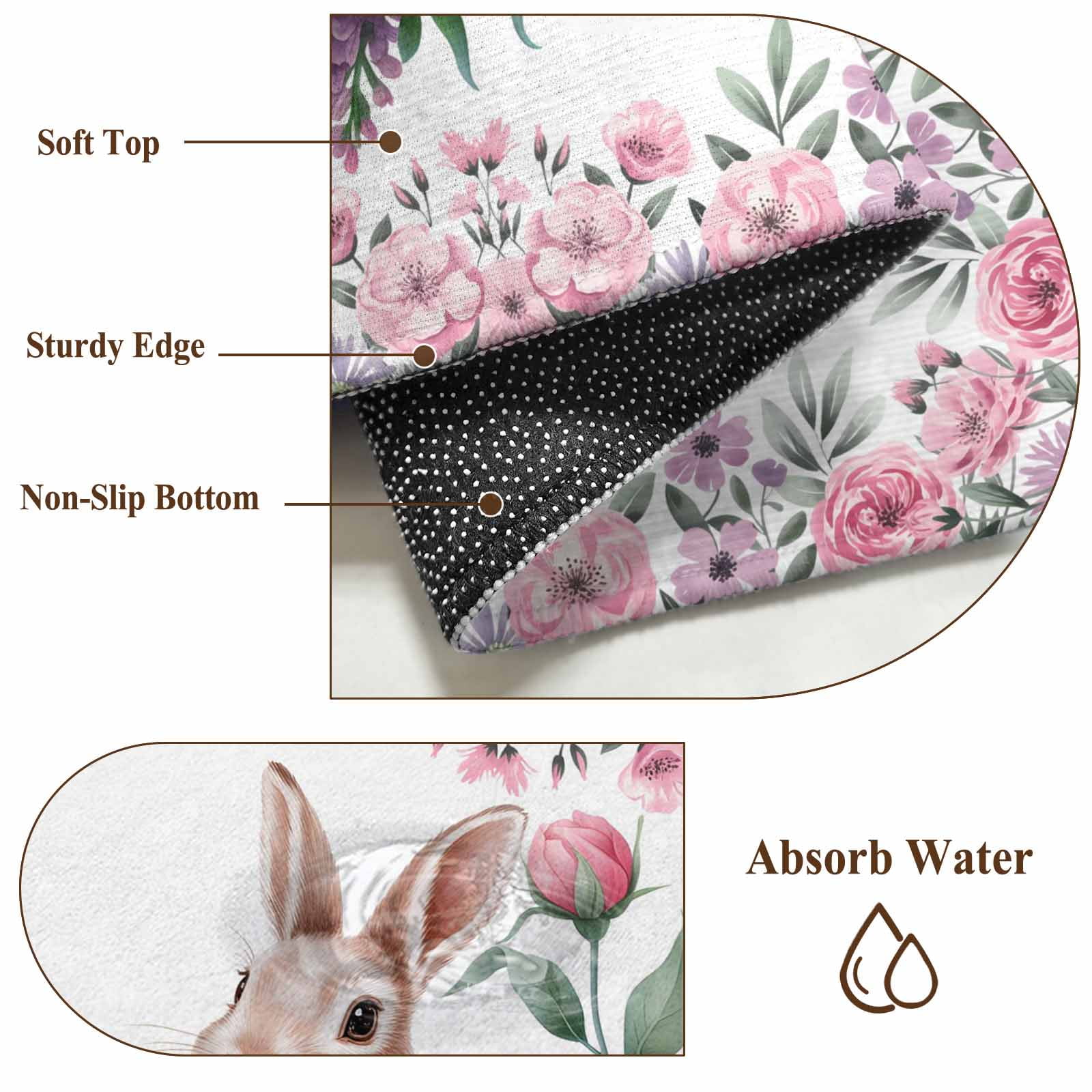Easter Bunny Roses Entryway Rug 2'x3'&nbsp; Non Slip Front Door Mats, Pink Floral Spring Botanical Entrance Rugs Indoor Outdoor Carpet, Washable Floor Mats Small Area Rug for Bedroom Kitchen