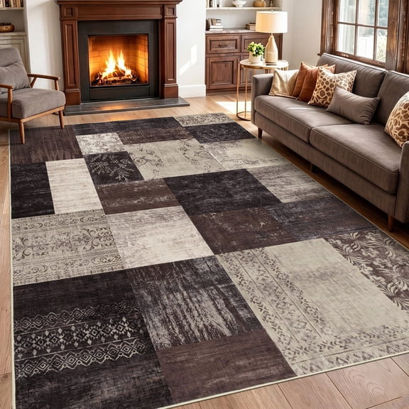 MeyJey Modern 5’x7’ Area Rugs for Living Room, Non Slip Washable Geometric Patchwork Rug for Bedroom, Southwestern Rustic Throw Carpet for Home Dining Room Office, Red/Brown