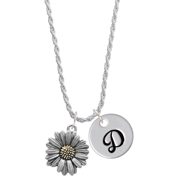 Delight Jewelry Two-tone Large Daisy Flower Silvertone Script Initial Disc - D - Charm Necklace, 20"+3"
