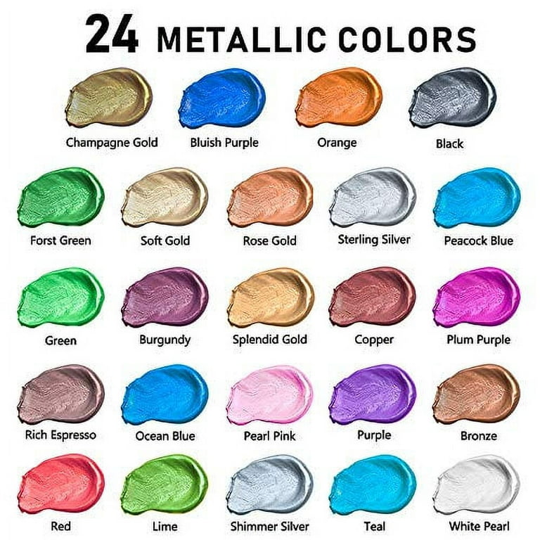 Metallic Acrylic Paint Set of Premium 24 Colors with 12  Brushes，Professional Grade Metallic Paints with Bottles (2fl oz 60ml), Rich  Pigments of Non