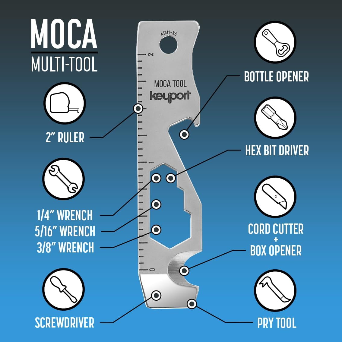 Keyport MOCA 10-in-1 Keychain Multitool (Silver Stainless Steel