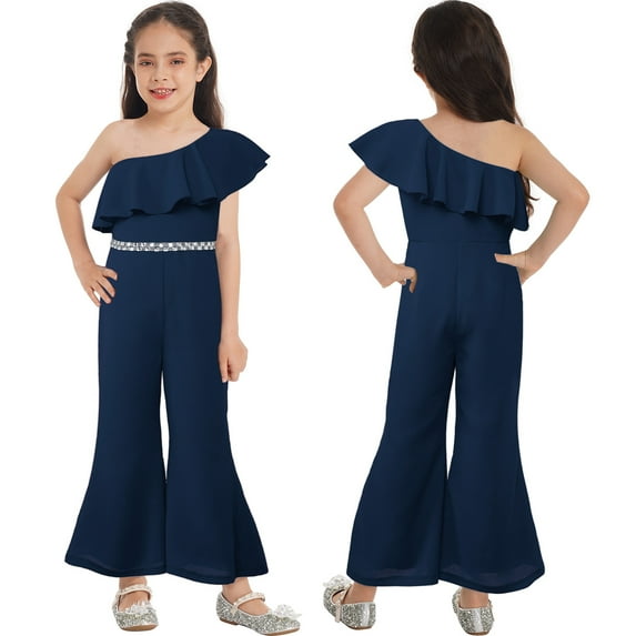 iiniim Girl's Sparkly Party Romper Dress One Shoulder Casual Flare Pants High Waisted Ruffles Jumpsuit 6-16 A Navy Blue 12