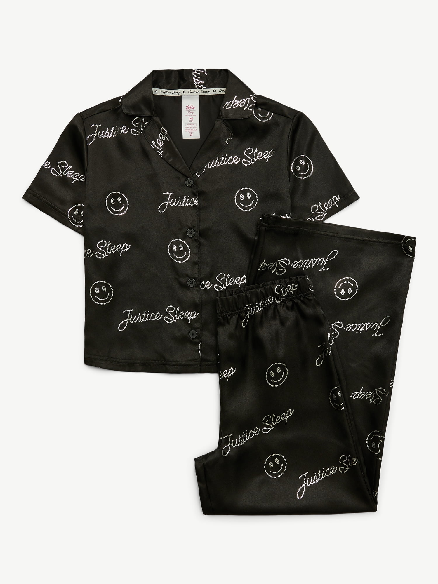 Justice Girls Satin Short Sleeve Button Front Sleep Top and Sleep Pants, 2-Piece, Sizes 5-18 & Plus