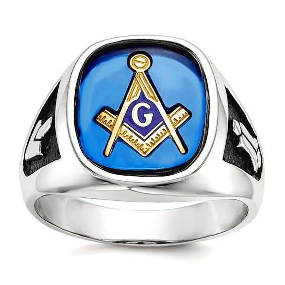 Finest Gold 14K White Gold Enameled Synthetic Stone Mens Masonic Ring, Size 10