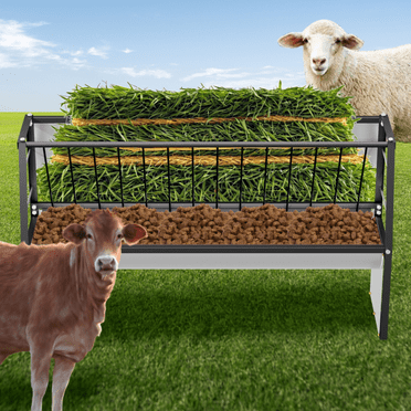 Large Capacity Goat Feeder, Outdoor Hay Rack Feeder, 2 in 1 Livestock Feeder, 60x16x31.5 Inch Galvanized Steel, Rust-Proof Weatherproof, for Horse, Sheep Sheds, Pigsty