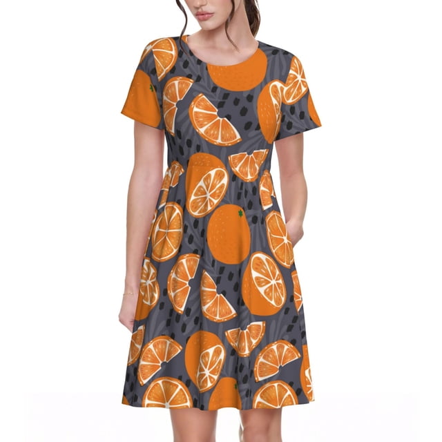 Bixox Robe d'Été à Manches Courtes pour Femmes Robe Ample Longueur Genou avec Poches-Différents Oranges