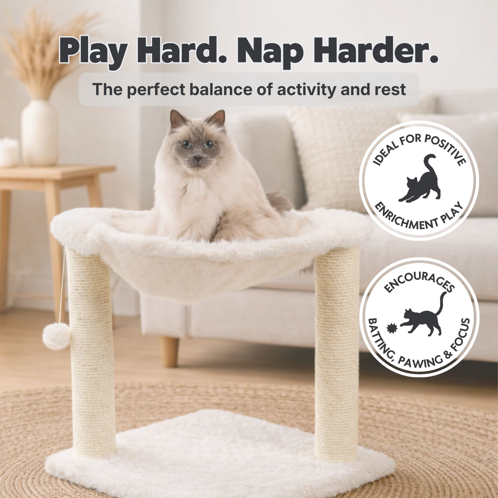 TRIXIE Baza Jute 19.7" Cat Scratching Posts with Hammock & Hanging Cat Toy, Cream