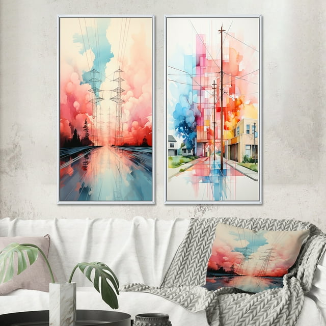 Designart "Colorfull Power Lines Gridscape Charm III" Power Lines Framed Wall Art Set Of 2 - Multi-Color Architecture Frame Gallery Set For Office Decor