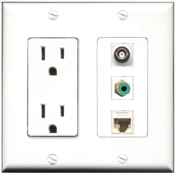 RiteAV - 15 Amp Power Outlet 1 Port RCA Green 1 Port BNC 1 Port Cat6 Ethernet Ethernet White Decorative Wall Plate