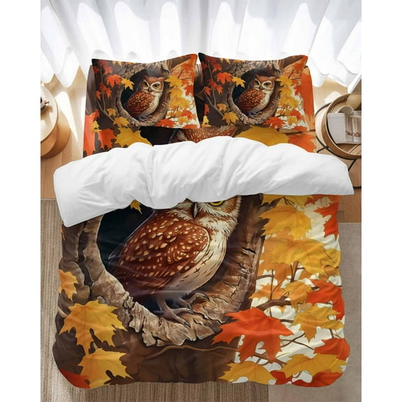 Fall Orange Bedding Duvet Cover Set Queen Size 4 Pieces Red Maple Leaves Animal Owl Bedding Set with Zipper Closure, 1 Comforter Cover 90x92 Inches 1 Flat Sheet & 2 Pillow Cases