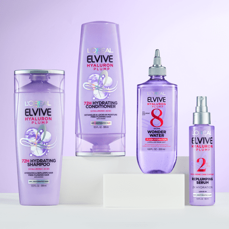 L'Oreal Paris Elvive Hyaluron Plump Hydrating Shampoo, Conditioner, and Wonder Water Set with Hyaluronic Acid, 26.5 fl oz