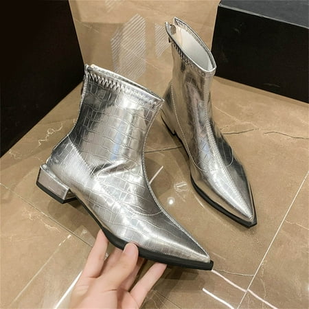 

ERTUTUYI Fashion Autumn Winter Women Ankle Boots Low Heel Pointed Toe Leather Textured Zipper Comfortable Silver 38