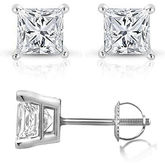 Dazzlingdaimonds Jewels 925 Sterling Silver 1.33 Ct Princess Cut White Diamond Screw Back Stud Earring's 14K White Gold Plated For Women's
