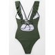 thumbnail image 4 of Traje de baño de una pieza con escote en V para mujer, verde XL, traje de baño de una pieza conservador para mujer, color sólido, con ribetes de bragueta para ocultar el vientre., 4 of 5