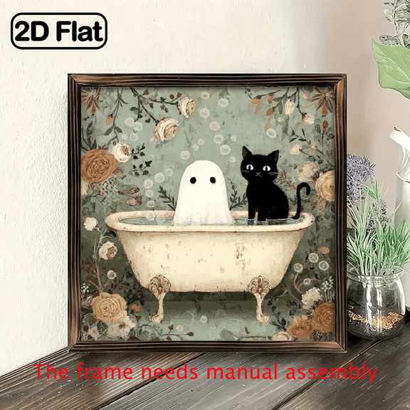 2D Flat Wall Decor, Vintage Black Cat in Bathtub Wooden Frame Wall Art Halloween Gifts For Family For Living Room Bedroom Office Bathroom Dorm Home Decor, Ready To Hang