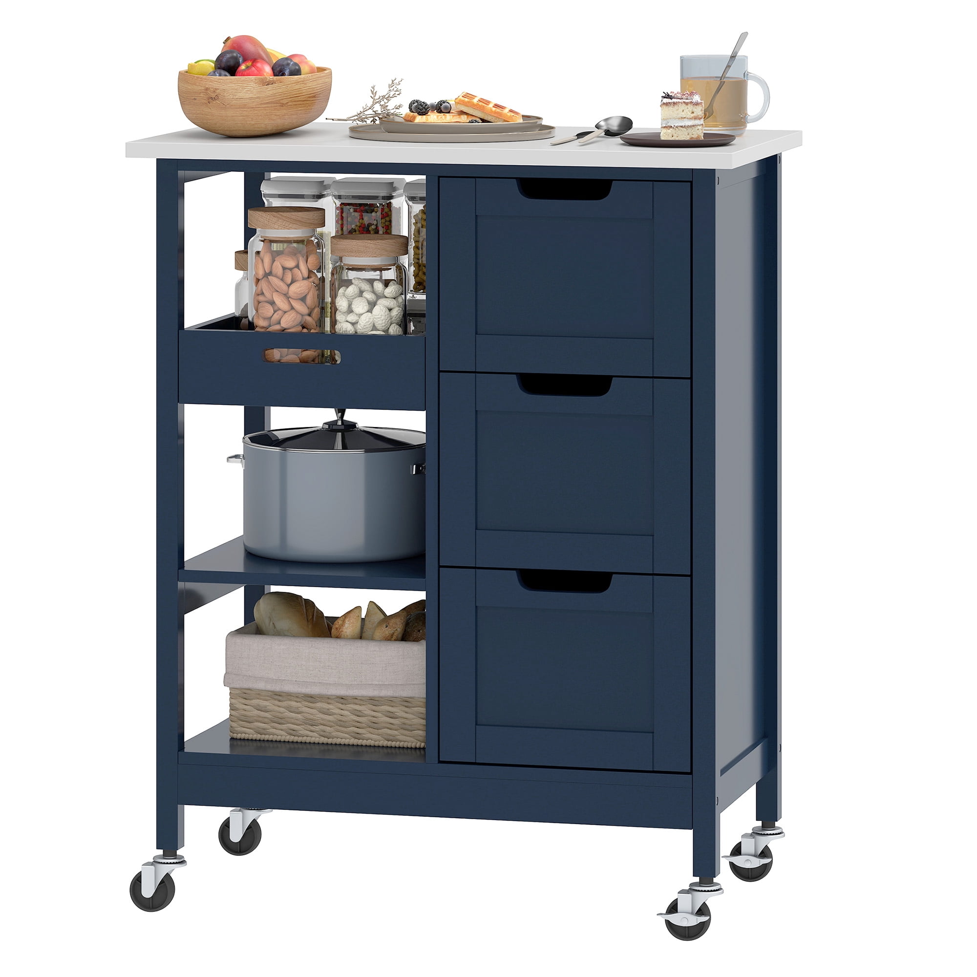 Uforic Kitchen Storage Cart with Drawers & Open Shelves, Rolling Kitchen Island, Blue