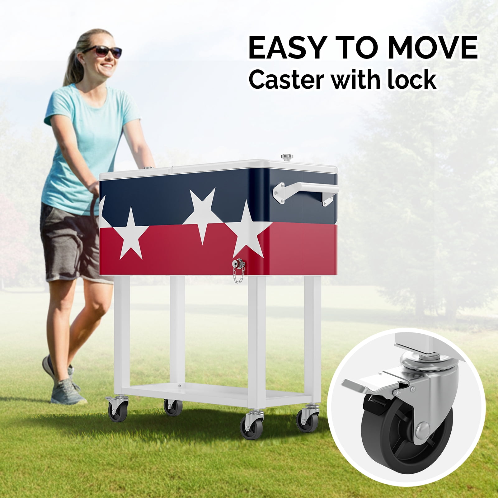 Ktaxon 80 Qt Rolling Ice Chest Cooler Cart Outdoor Trolley with Storage Shelf, Bottle Opener & Cap Collector for 48 Hour Cold Drinks, Large Five-pointed Star