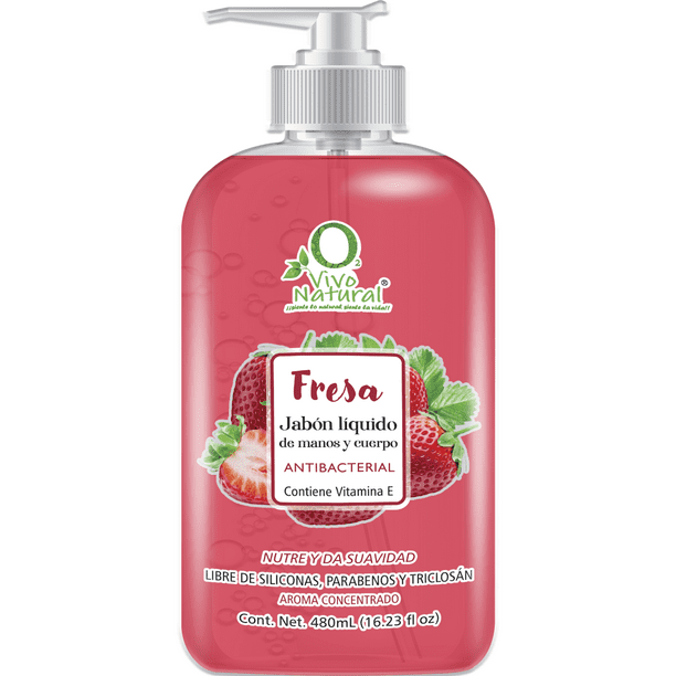 Jabón Líquido Antibacterial VivoNatural para Manos y Cuerpo 480 ml aroma FRESA Con extracto de Aloe Vera