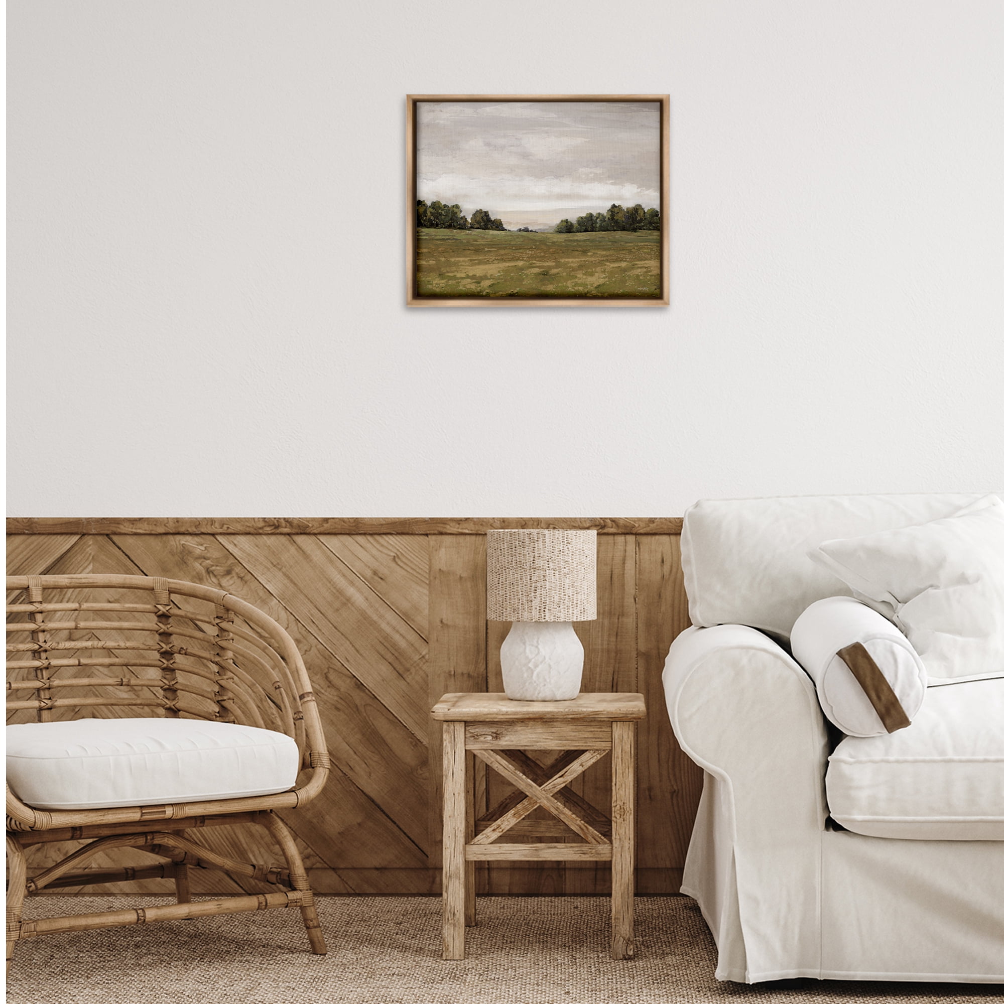 Stupell Industries Distant Trees Grassland Landscape Painting Brown Floater Framed Art Print Wall Art, 21 x 17