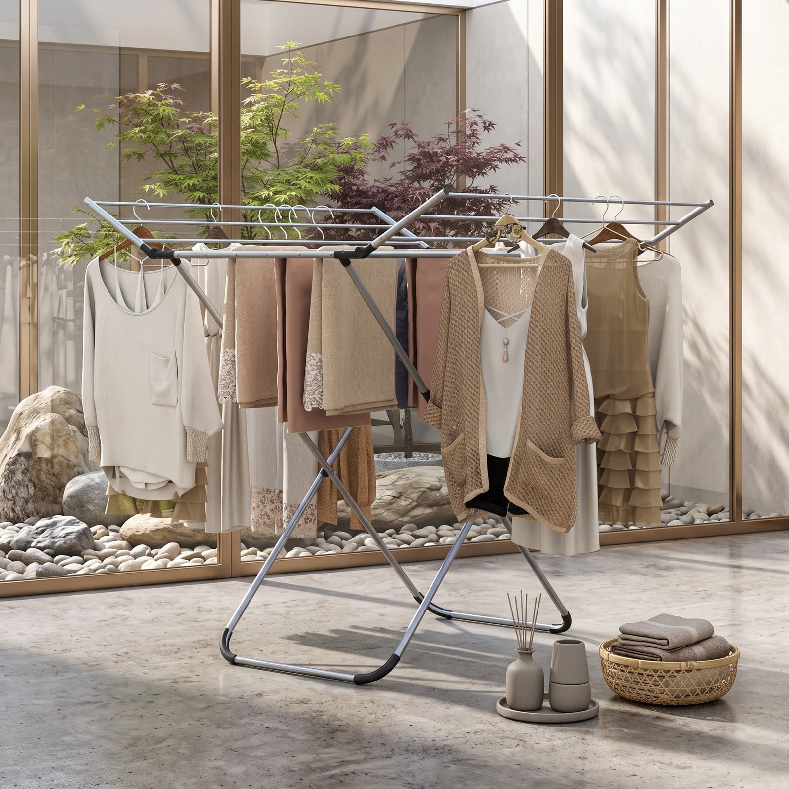 Fenbeli Folding Aluminum Clothes Drying Rack with 2 Side Wings, Rustproof Foldable Laundry Drying Stand for Indoor Outdoor, 60 ft Drying Space, 14 Rods, Silver
