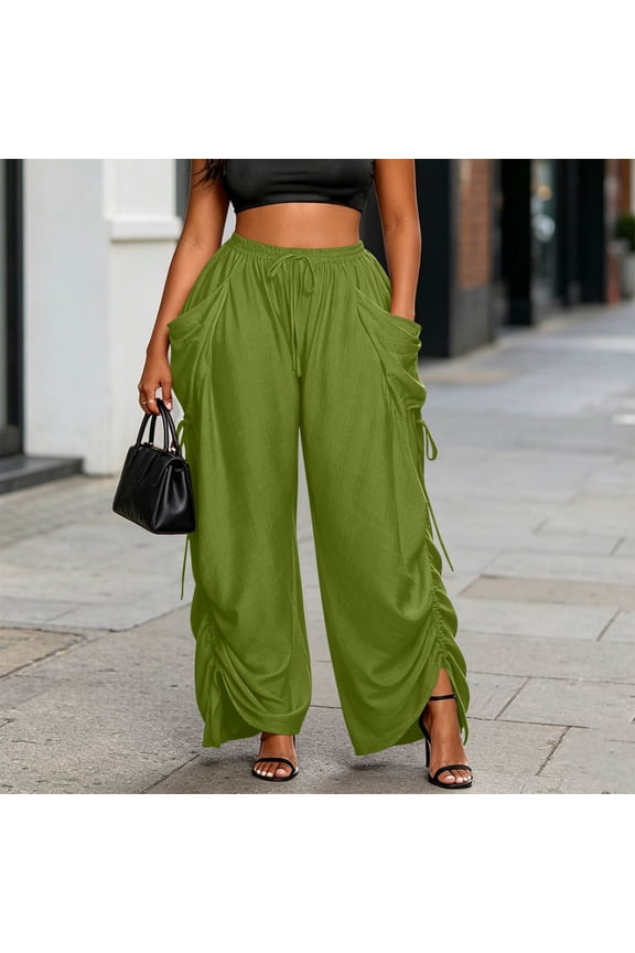 Harem Pants Women with Pockets Plus Size High Waisted Drawstring Work Wide Leg Pants Slit Loose Fit Casual Summer Vacation Fashion Trousers