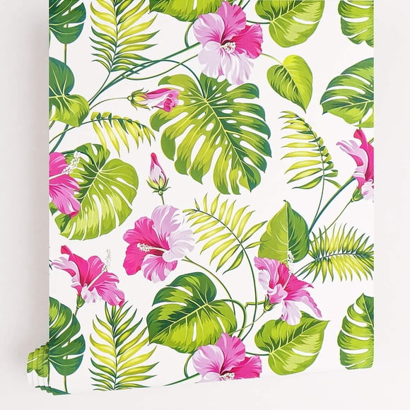 LACHEERY Papel pintado de hoja de palma tropical, 17.7 pulgadas x 6.8 pies, papel de contacto extraíble, blanco, verde, rosa, papel pintado floral autoadhesivo decorativo para paredes de dormitorio, e