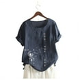 thumbnail image 3 of FAVIPT Cotton Shirts for Women Casual Summer Bohemian Floral Print Soft Blouses Crew Neck Button Up Tops Casual Fashion Camp 2025 Tees Navy,XL, 3 of 4