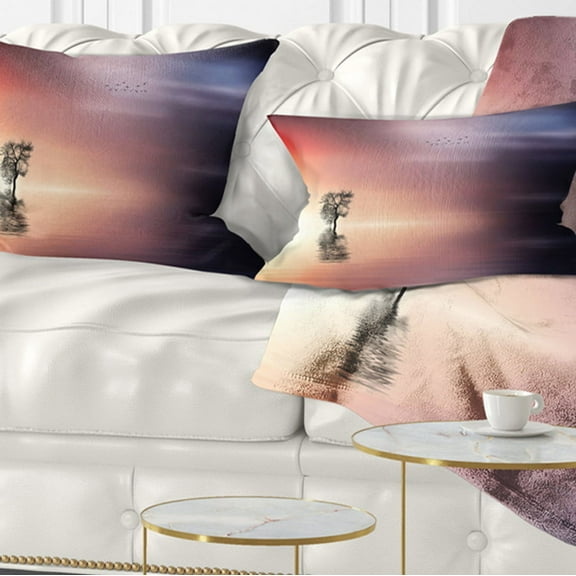 Designart Lonely Tree and Birds Panorama - Landscape Printed Throw Pillow - 12x20