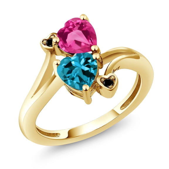 Gem Stone King 18K Yellow Gold Plated Silver Pink Created Sapphire London Blue Topaz and Black Diamond Ring for Women (1.78 Cttw, Heart Shape 6MM, Gemstone September Birthstone, Size 5)