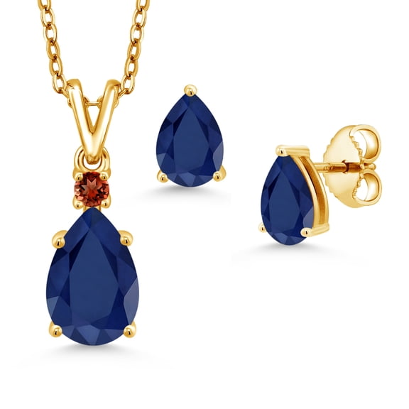 18K Yellow Gold Plated Silver Blue Sapphire and Red Garnet Pendant and Earrings Jewelry Set for Women (4.01 Cttw, Gemstone September Birthstone, Pear Shape 10X7MM and 7X5MM, with 18 inch Chain)