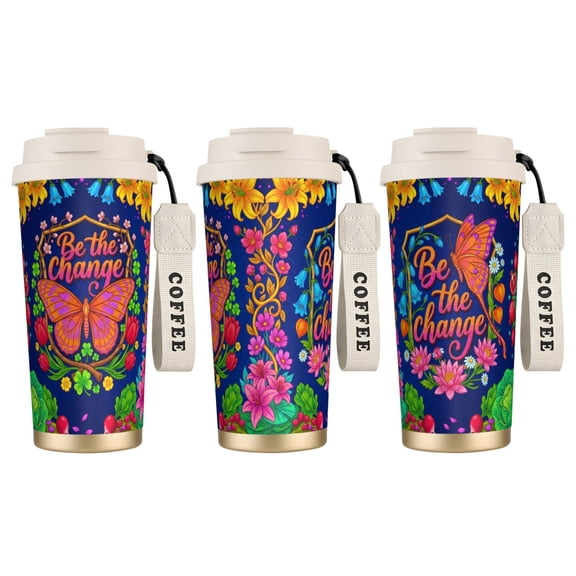 1pc Butterfly Coffee Mug 18oz "Be the Change" Inspirational Art, Leak-proof Stainless Steel Travel Tumbler