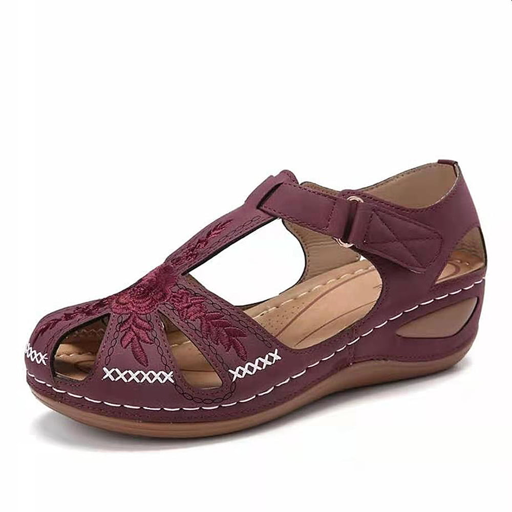 Womens T-Bar Flat Sandals Closed Toe Platform Summer Casual Hollow Pumps Shoes
