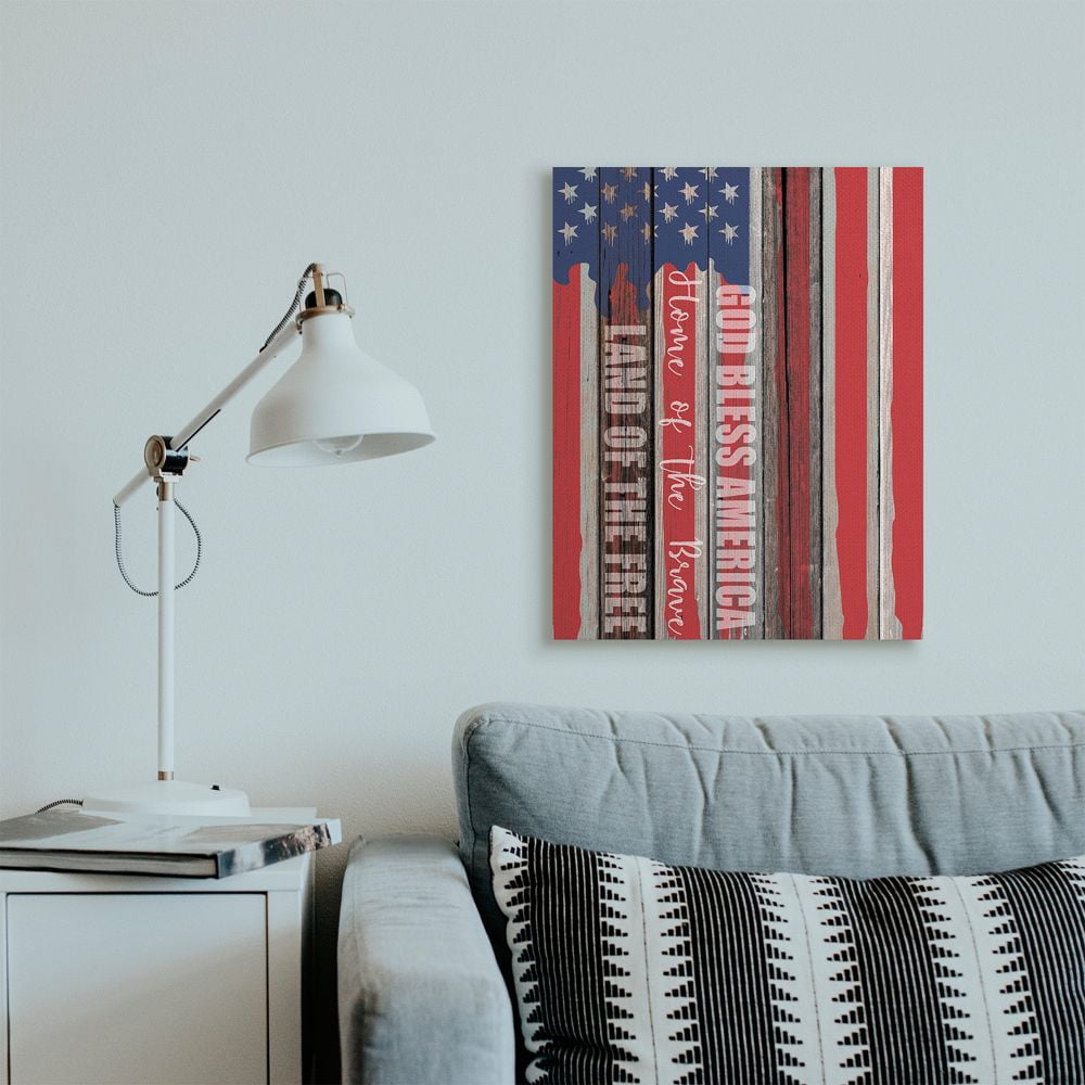 Stupell Industries God Bless America Wood Grain Flag Red White Blue Americana Canvas Wall Art Design by Kim Allen, 24" x 30"