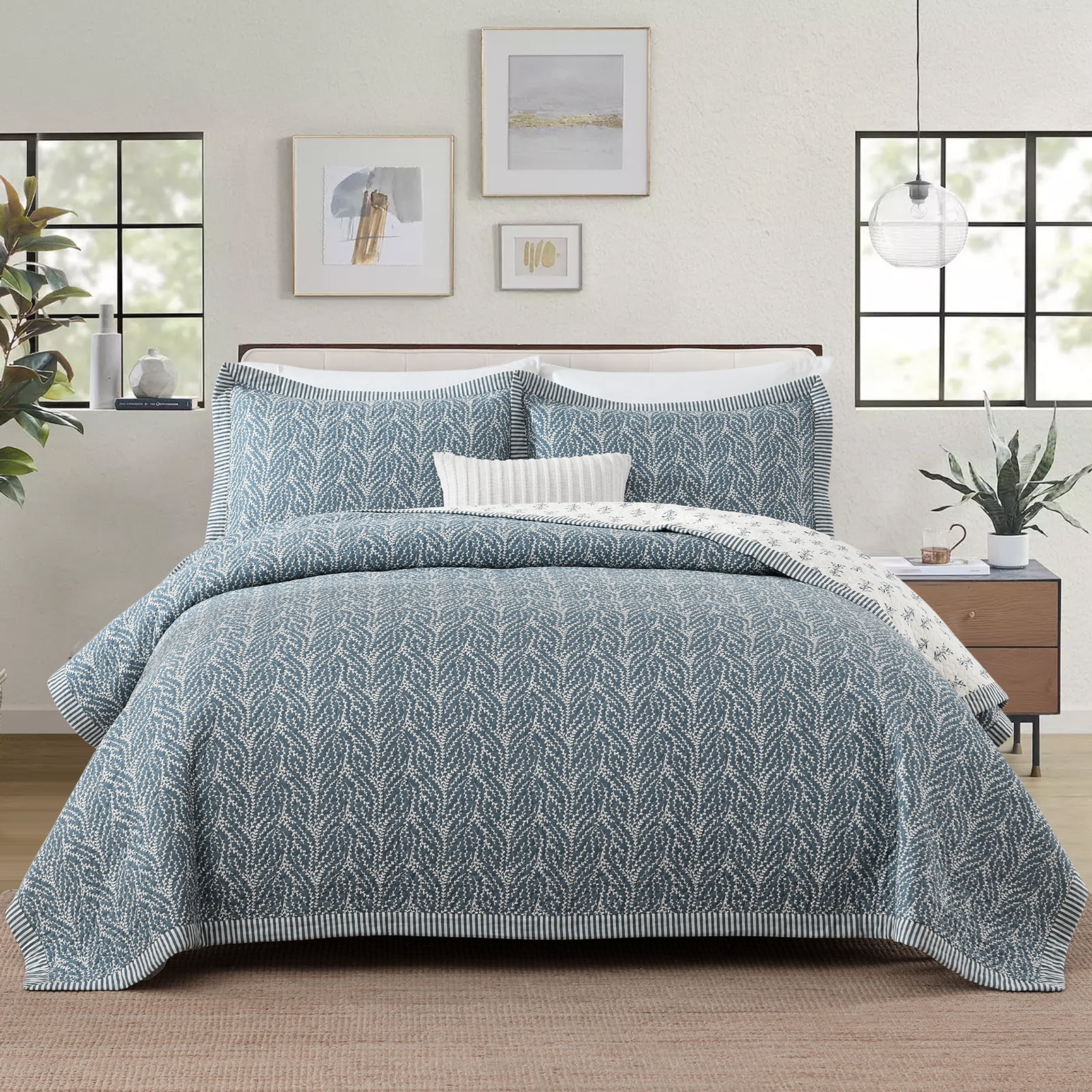 PANGUSHAN 100% Cotton King Quilt Set, Farmhouse King Size Quilt Bedding Set Bedspreads, Reversible Botanical Patterns Quilted Lightweight Comforter, Grayish-Blue/White Bed Spread for King Bed