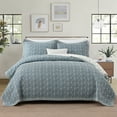 thumbnail image 3 of PANGUSHAN 100% Cotton King Quilt Set, Farmhouse King Size Quilt Bedding Set Bedspreads, Reversible Botanical Patterns Quilted Lightweight Comforter, Grayish-Blue/White Bed Spread for King Bed, 3 of 9