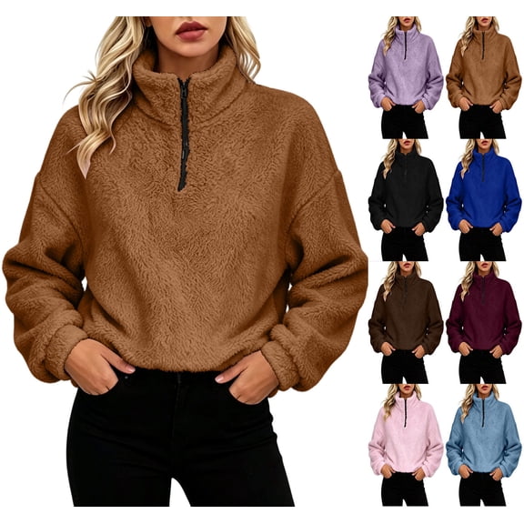 XRoczxe Women Half Zip Stand Collar Fuzzy Fleece Pullover Oversized Drop Shoulder Long Sleeve Casual Warm Sherpa Sweatshirt Multiple Solid Colors Khaki