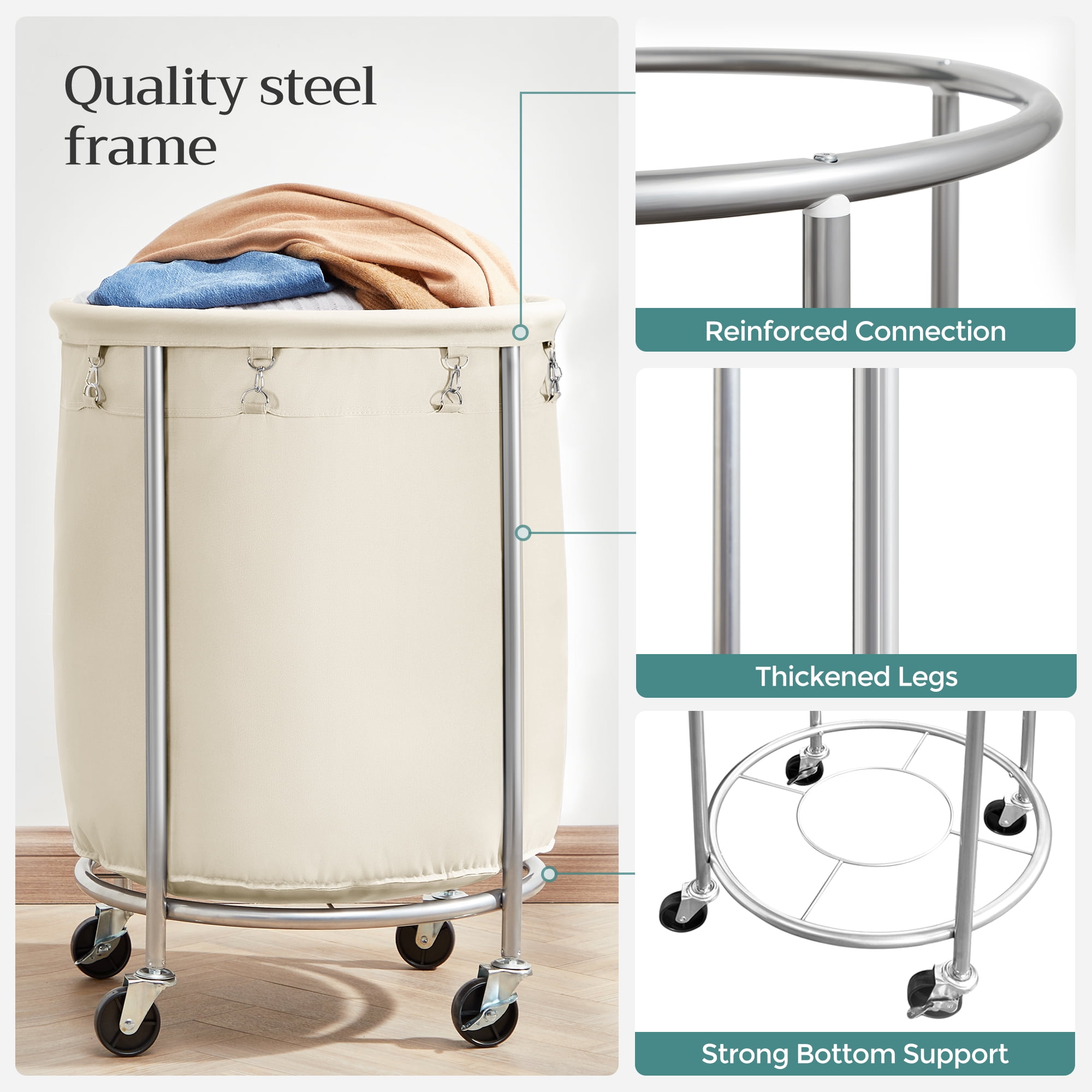 45Gal Round Laundry Sorter Laundry Hamper with Wheels Rolling Laundry Cart with Removable Bag for Laundry Room Cream and Silver