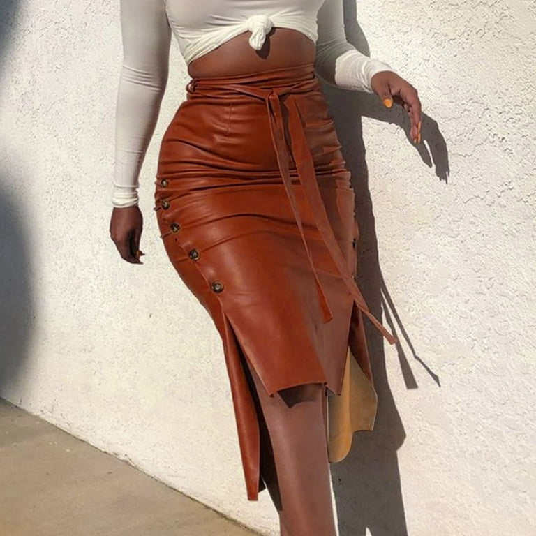 Vintage Pu Leather Pencil Skirt for Women Button Split Skirt with Belt High  Waisted Pencil Skirts for Work Skirts for Women 