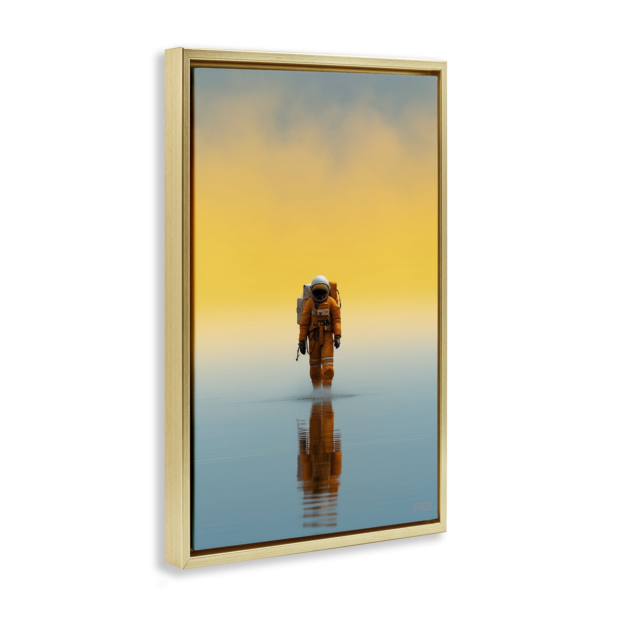 Stupell Industries Astronaut with Ombre Sunset People Painting Gold Floater Framed Canvas Art Print Wall Art, 17 x 25