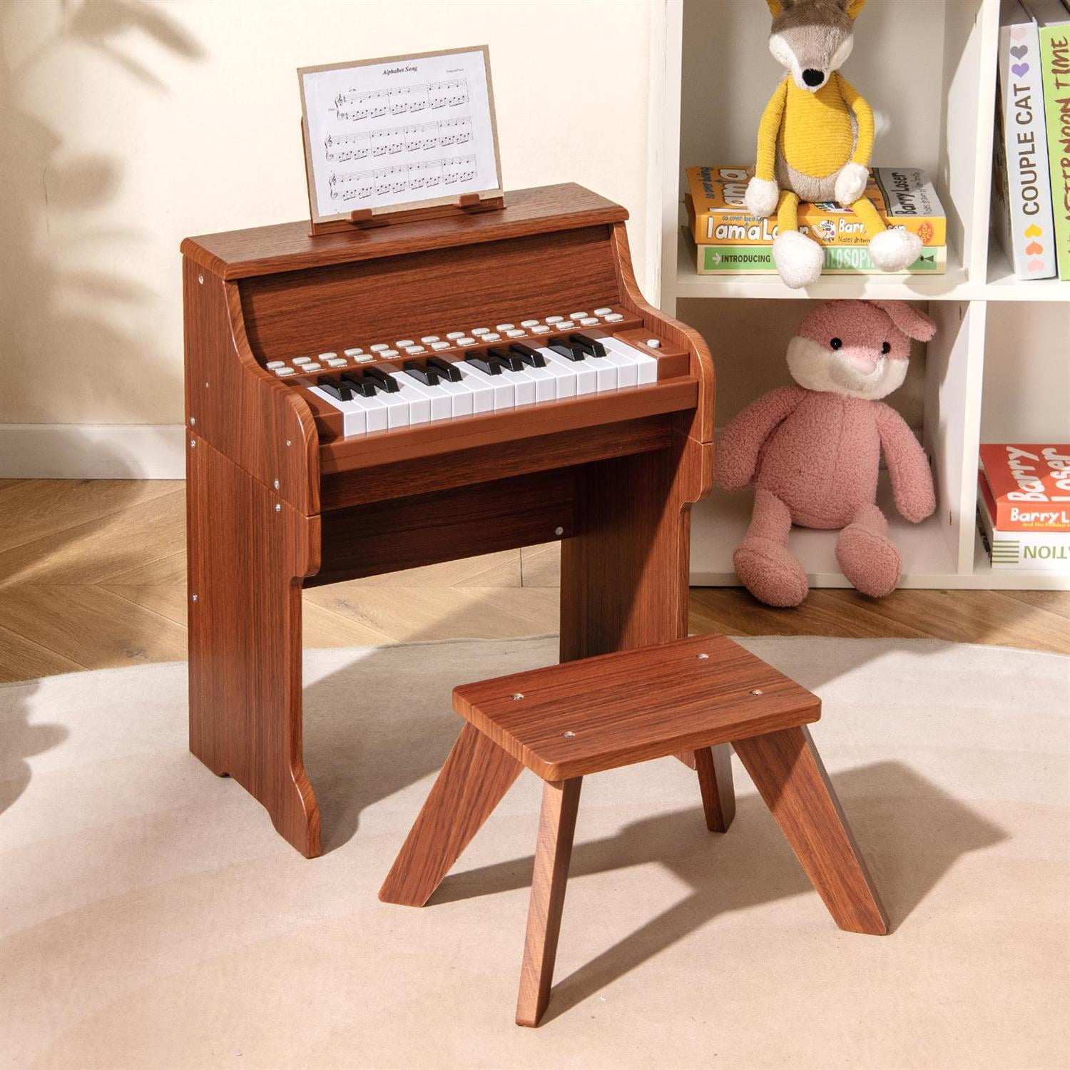 Spaco 25-Key Piano Set with Stool, Music Enlightenment Tool with Adjustable Speed/Volume & Record/Playback, Brown