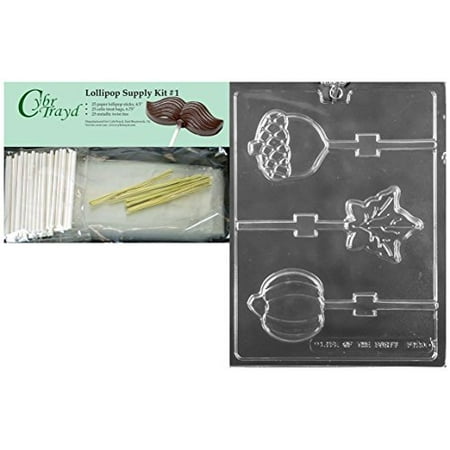Assorted Leaves - CybrTrayd F123 Fall Assorted Lollies Pumpkin, Leaf, Acorn Lolly Chocolate Candy Mold with 4.5-Inch Lollipop Sticks, Clear
