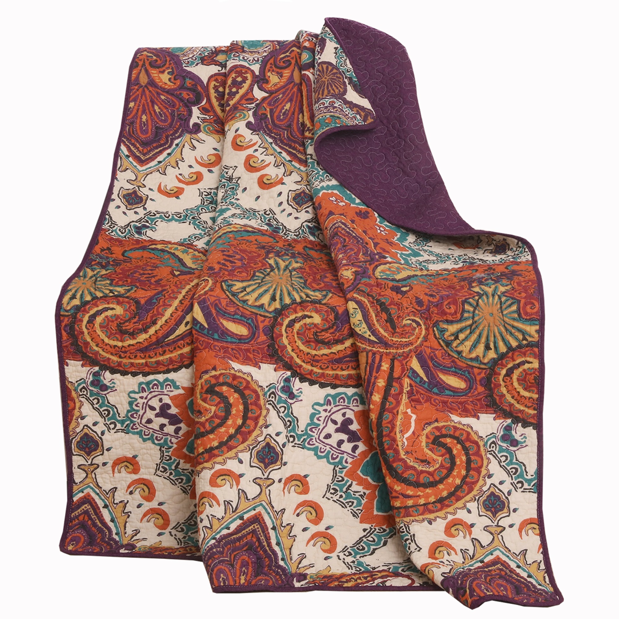 Bohemian Style Fabric Throw Blanket with Jacobean Pattern, Multicolor