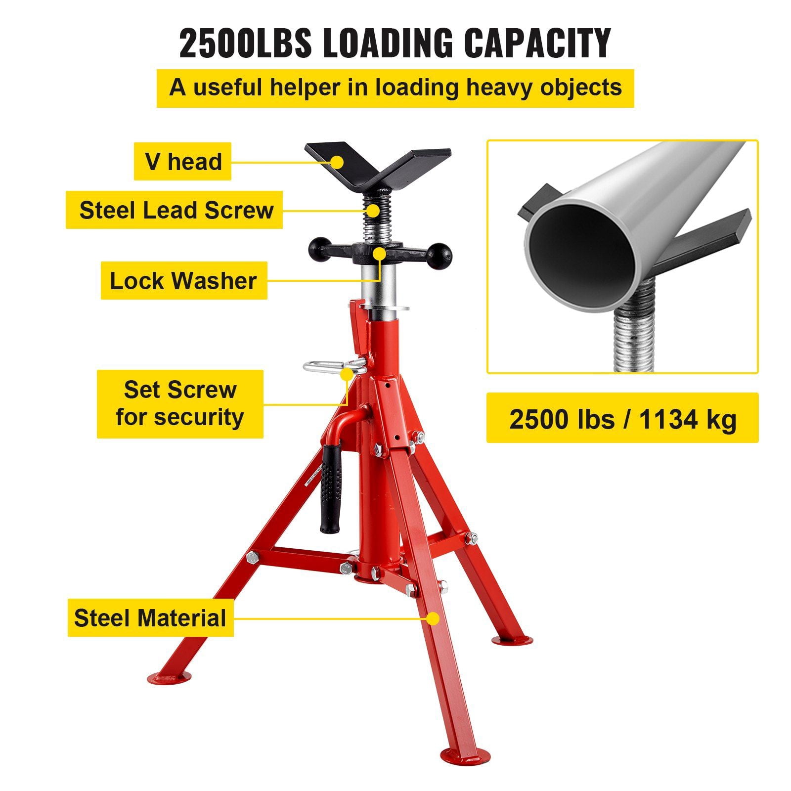 Adjustable Pipe Jack Stand 24"-42", 2500 lb Capacity, Folding & Portable, Carbon Steel - for 1/8"-12" Pipes