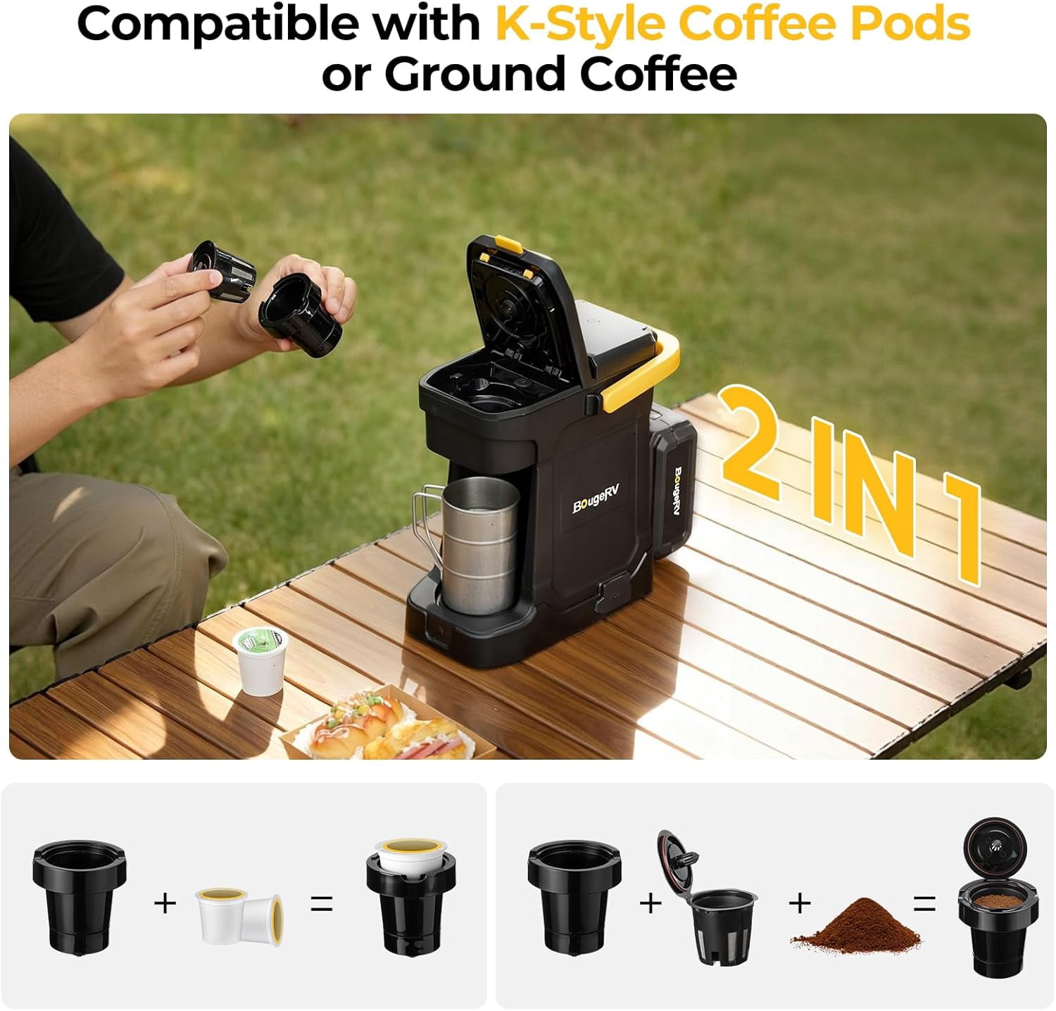 BougeRV Coffee Machine w/ 18V 8Ah Battery Powered Compatible with K Cup Coffee Pods & Ground Cordless Coffee Maker for Travel Camping Outdoor Worker Home