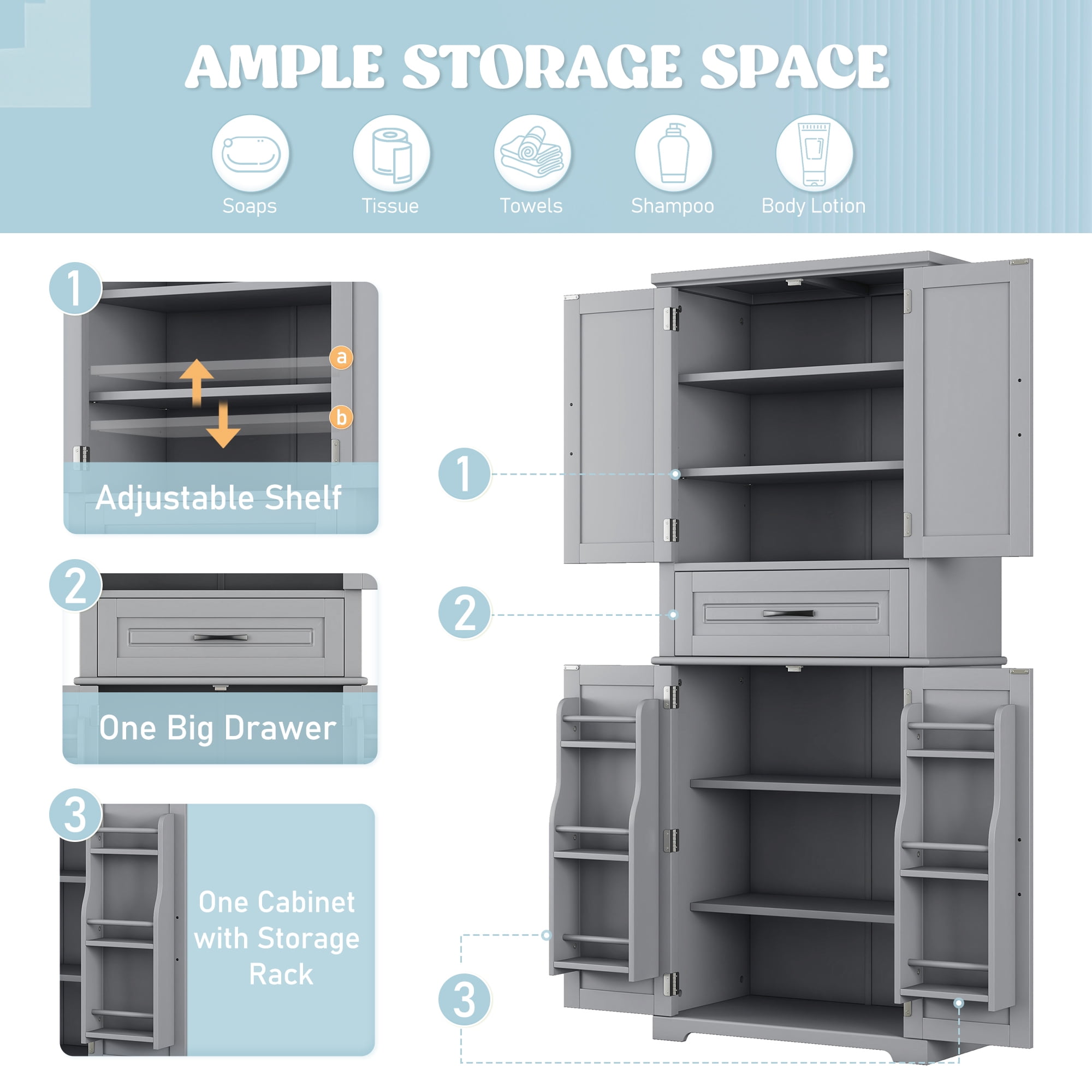 Mintazer 72" Tall Bathroom Linen Cabinet with Adjustable Shelves & Large Drawer, Freestanding Storage Cabinet with Side Door Organizer for Bathroom Laundry Room, Grey